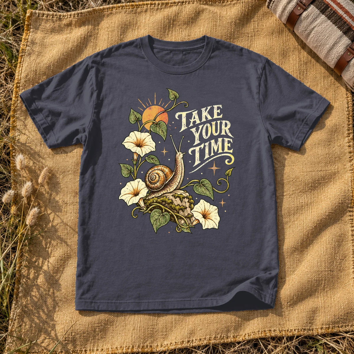 Take Your Time Snail Botanical Graphic Tee on Navy Premium Tee