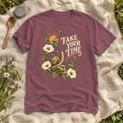 Take Your Time Snail Botanical Graphic Tee on Brick Premium Tee