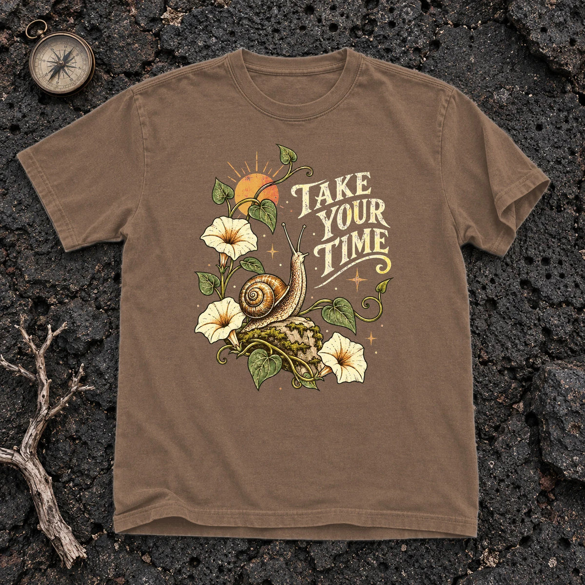 Take Your Time Snail Botanical Graphic Tee on Espresso Premium Tee