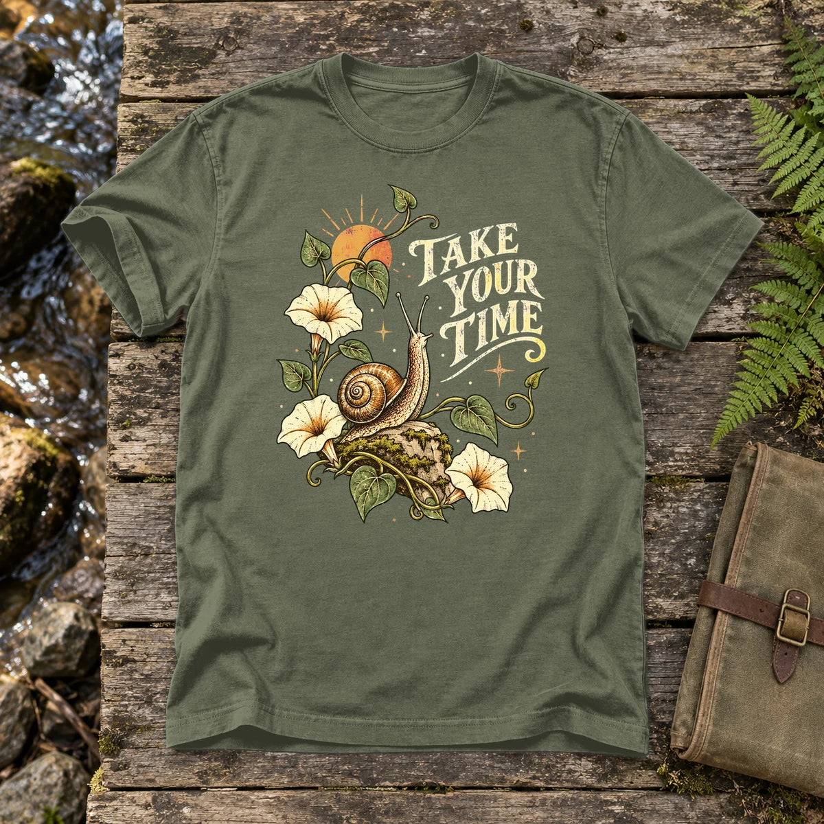 Take Your Time Snail Botanical Graphic Tee on Moss Premium Tee