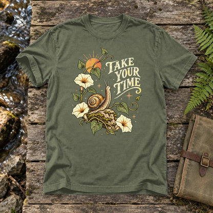 Take Your Time Snail Botanical Graphic Tee on Moss Premium Tee