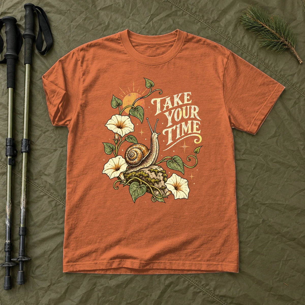 Take Your Time Snail Botanical Graphic Tee on Yam Premium Tee