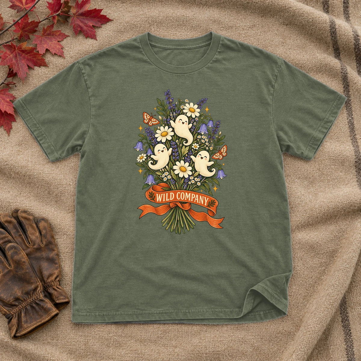 Wild Company Ghost Bouquet Graphic Tee on Military Green Everyday Soft Tee