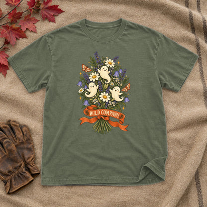 Wild Company Ghost Bouquet Graphic Tee on Military Green Everyday Soft Tee