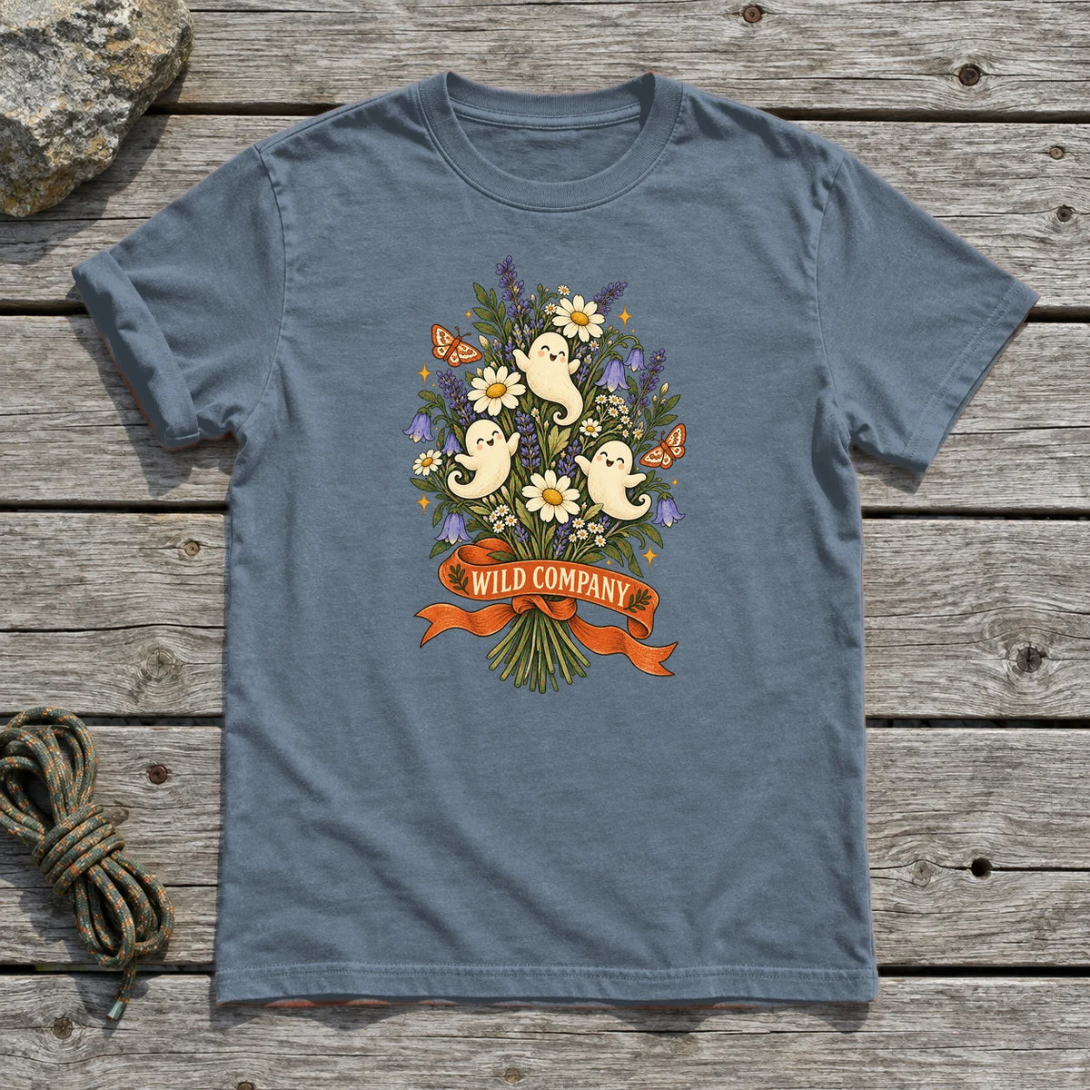 Wild Company Ghost Bouquet Graphic Tee on Heather Indigo Everyday Soft Tee