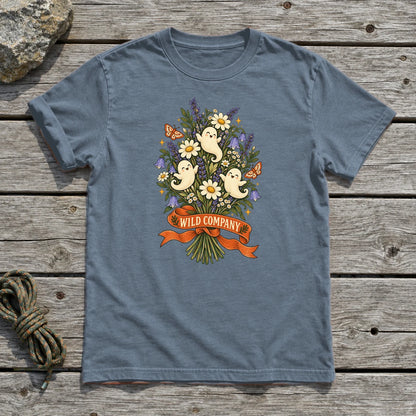 Wild Company Ghost Bouquet Graphic Tee on Heather Indigo Everyday Soft Tee