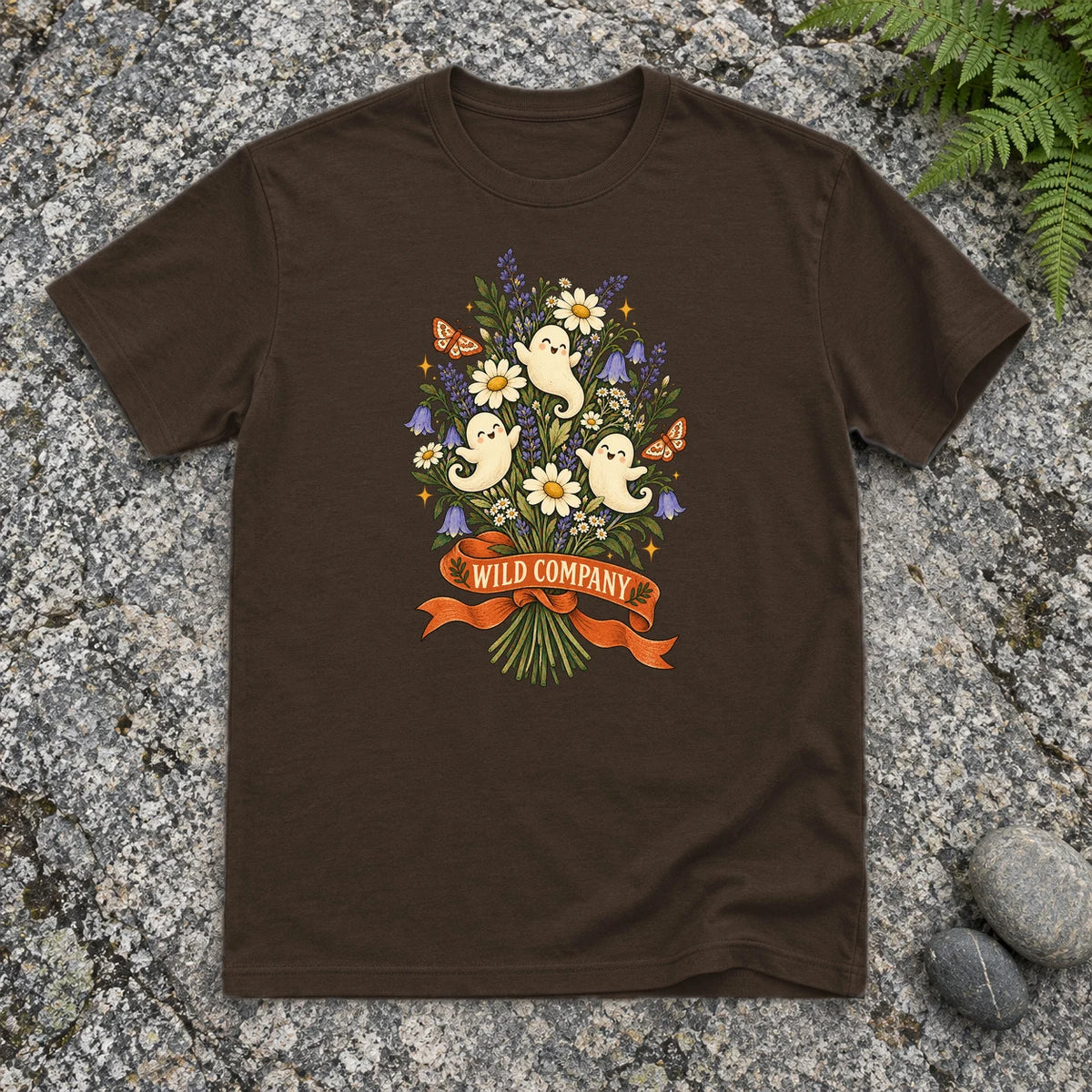 Wild Company Ghost Bouquet Graphic Tee on Dark Chocolate Everyday Soft Tee