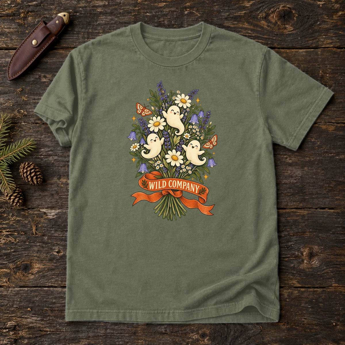 Wild Company Ghost Bouquet Graphic Tee on Moss Premium Tee