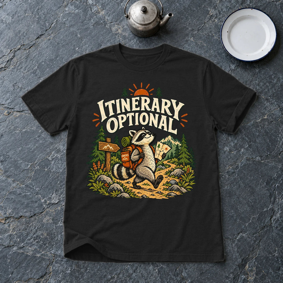 Itinerary Optional Raccoon Graphic Tee on Black Everyday Soft Tee