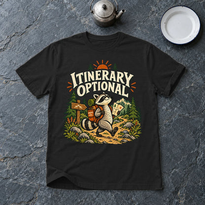 Itinerary Optional Raccoon Graphic Tee on Black Everyday Soft Tee