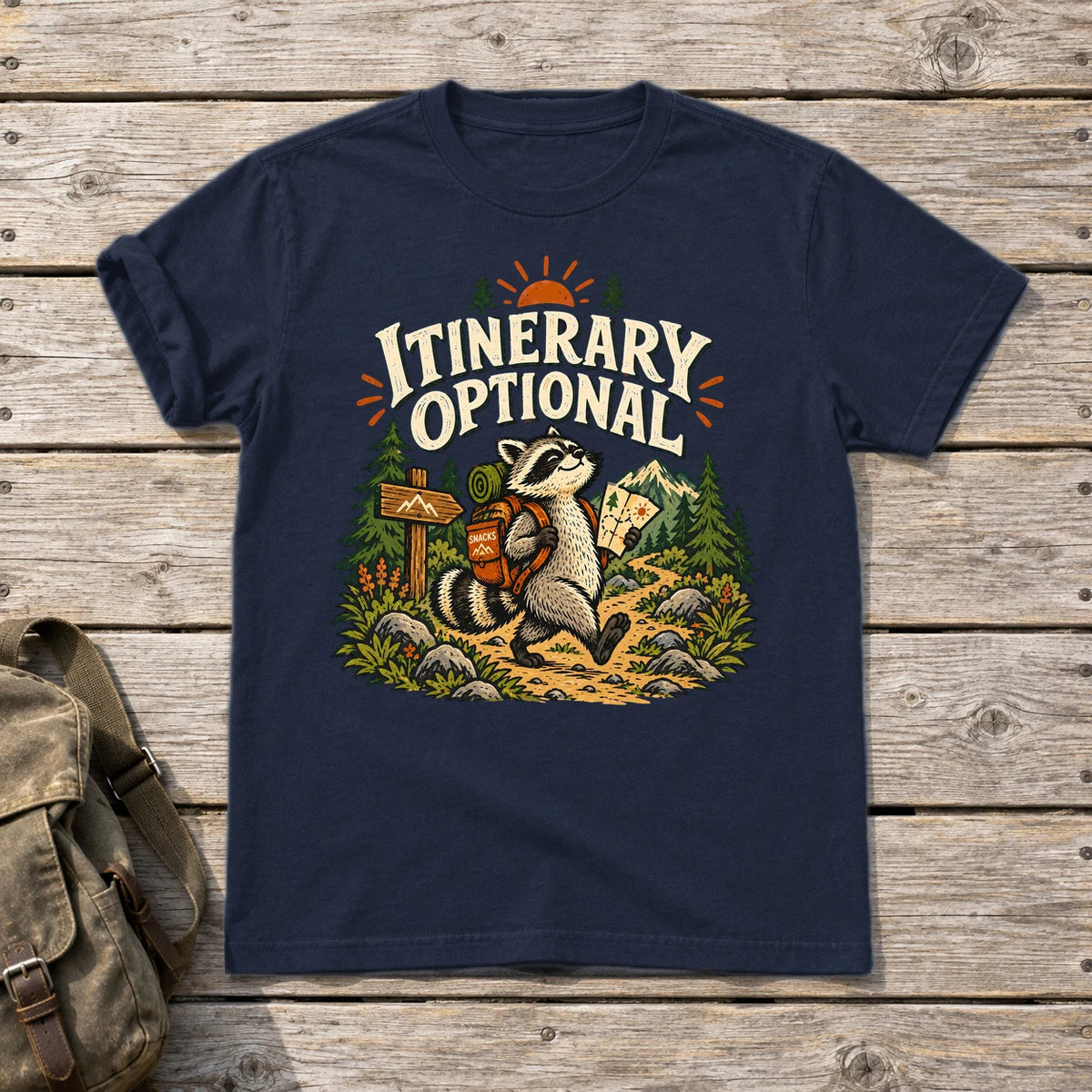 Itinerary Optional Raccoon Graphic Tee on Navy Everyday Soft Tee