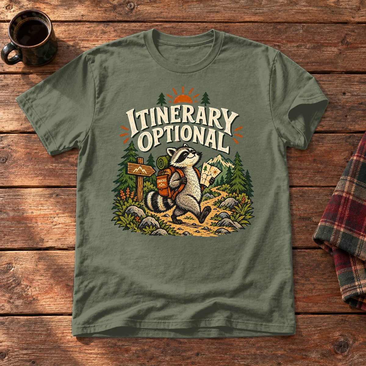Itinerary Optional Raccoon Graphic Tee on Military Green Everyday Soft Tee