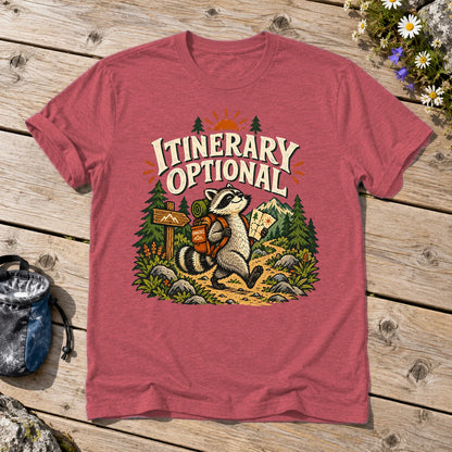 Itinerary Optional Raccoon Graphic Tee on Heather Red Everyday Soft Tee