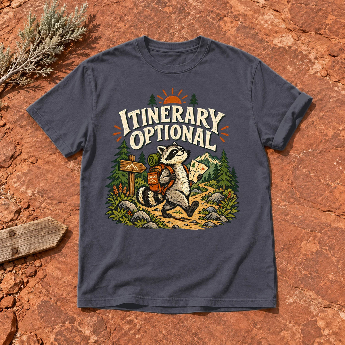 Itinerary Optional Raccoon Graphic Tee on Navy Premium Tee