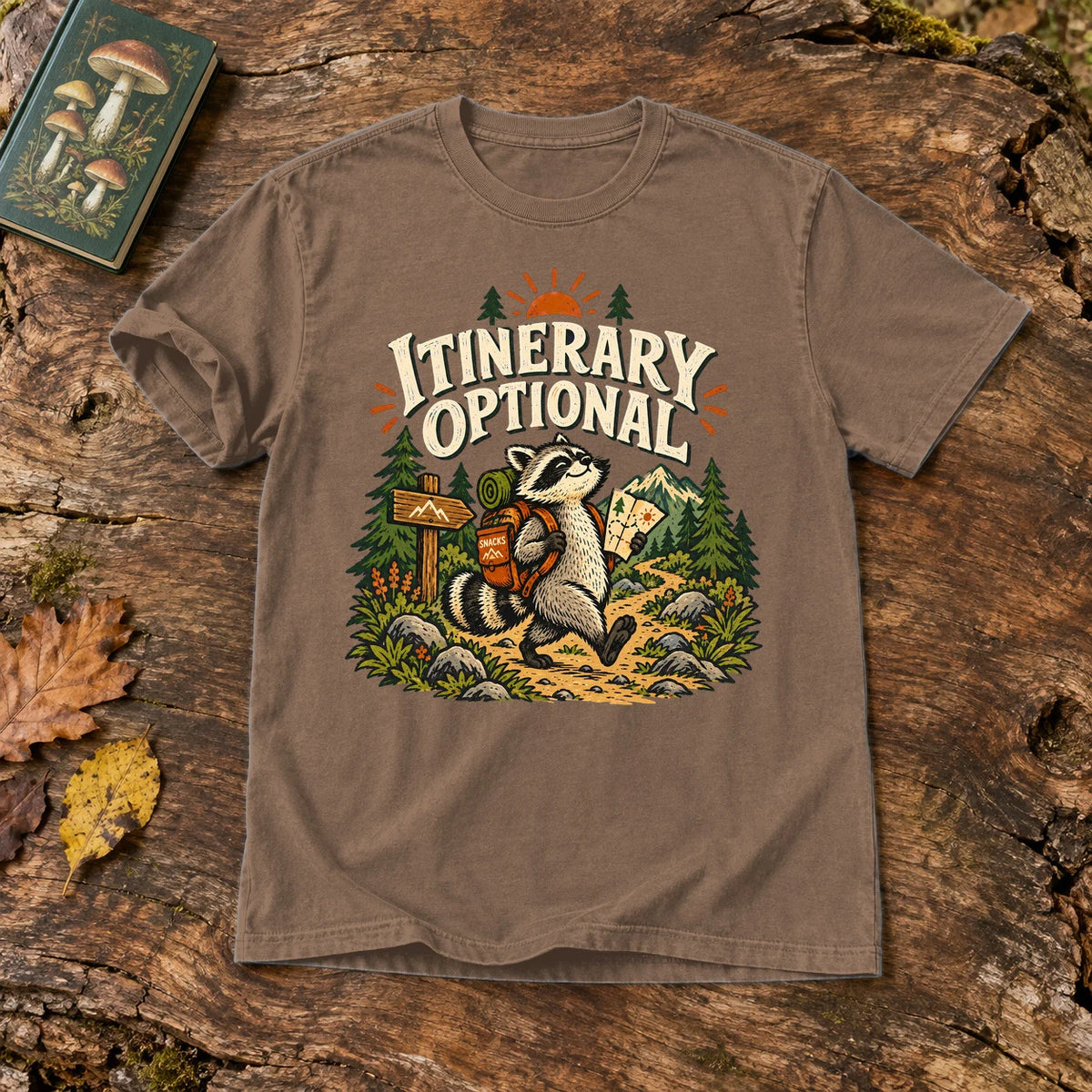 Itinerary Optional Raccoon Graphic Tee on Espresso Premium Tee