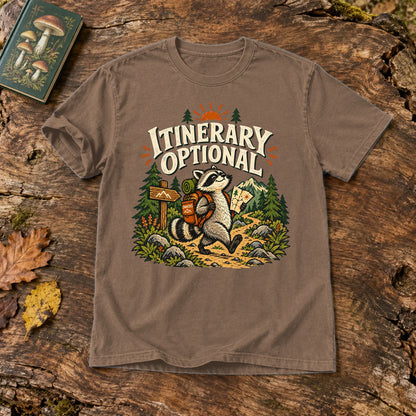 Itinerary Optional Raccoon Graphic Tee on Espresso Premium Tee