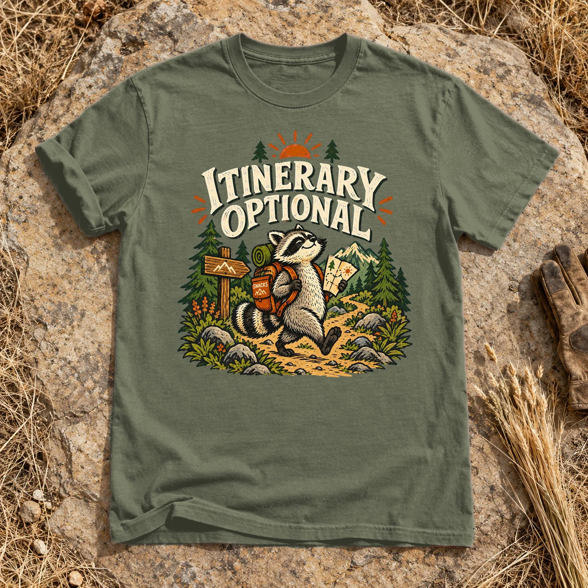 Itinerary Optional Raccoon Graphic Tee on Moss Premium Tee