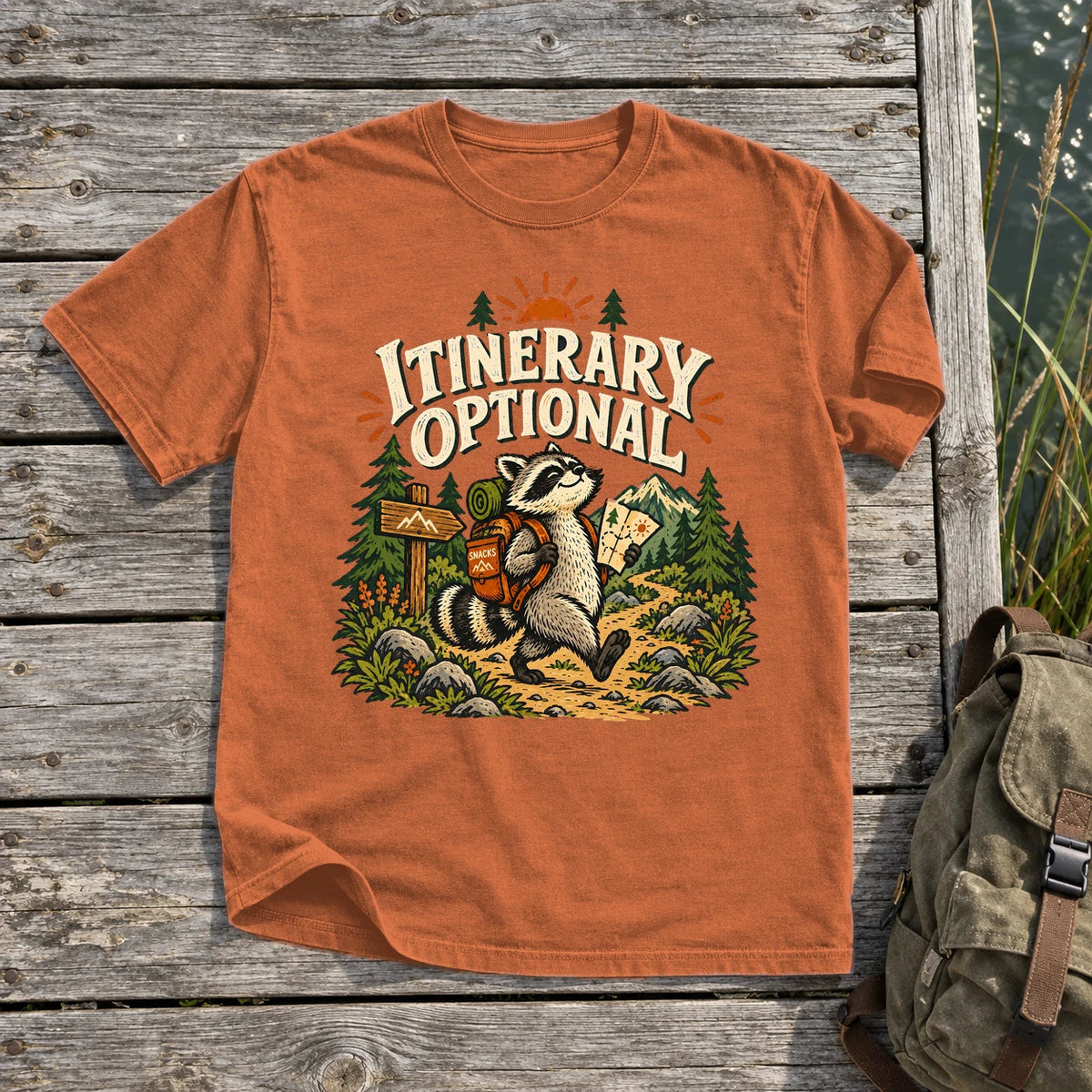 Itinerary Optional Raccoon Graphic Tee on Yam Premium Tee