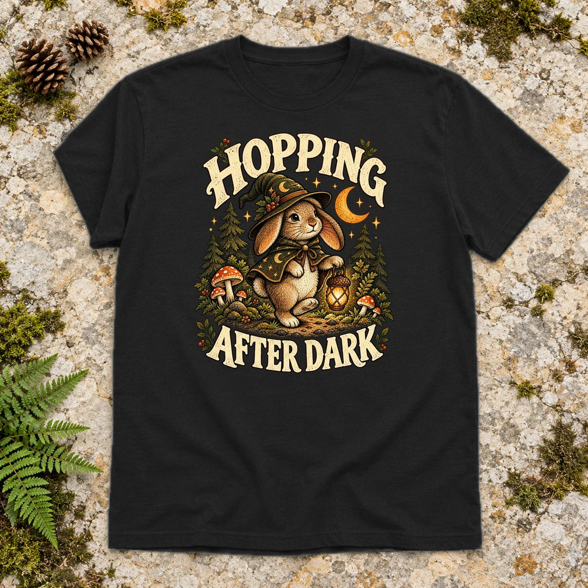 Hopping After Dark Witch Bunny Graphic Tee on Black Everyday Soft Tee