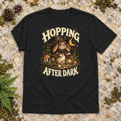 Hopping After Dark Witch Bunny Graphic Tee on Black Everyday Soft Tee