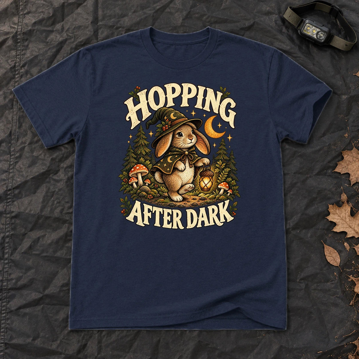 Hopping After Dark Witch Bunny Graphic Tee on Navy Everyday Soft Tee