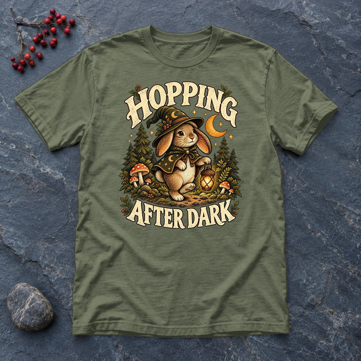 Hopping After Dark Witch Bunny Graphic Tee on Military Green Everyday Soft Tee