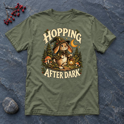 Hopping After Dark Witch Bunny Graphic Tee on Military Green Everyday Soft Tee