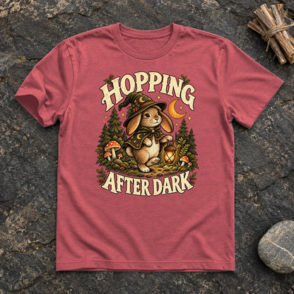 Hopping After Dark Witch Bunny Graphic Tee on Heather Red Everyday Soft Tee