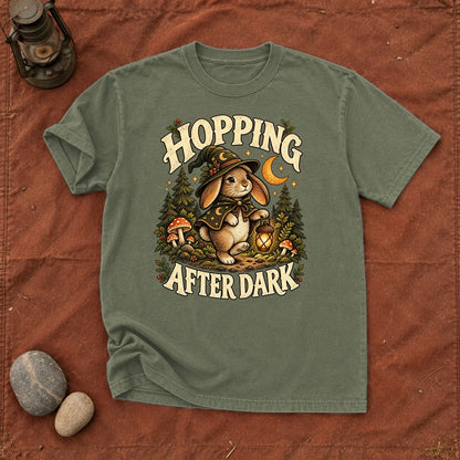 Hopping After Dark Witch Bunny Graphic Tee on Moss Premium Tee