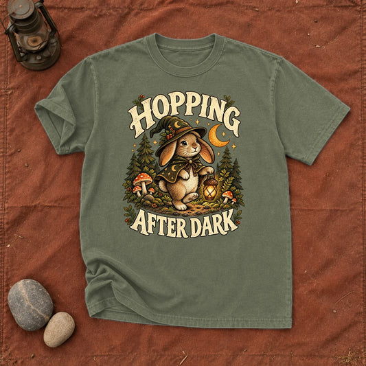 Hopping After Dark Witch Bunny Graphic Tee on Moss Premium Tee