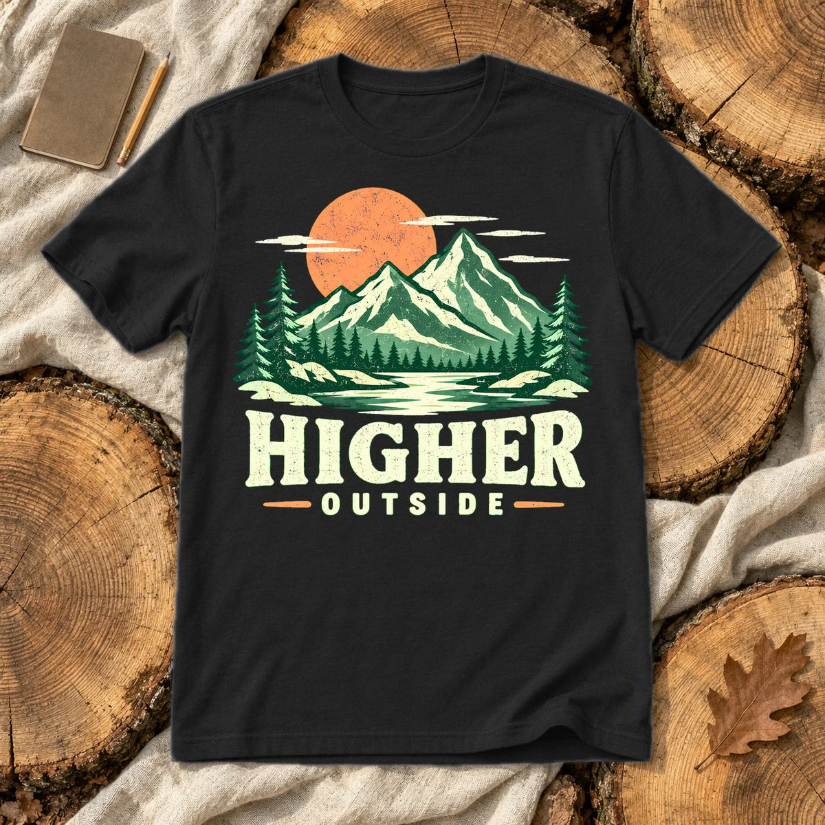 Higher Outside Vintage Mountain Graphic Tee on Black Everyday Soft Tee