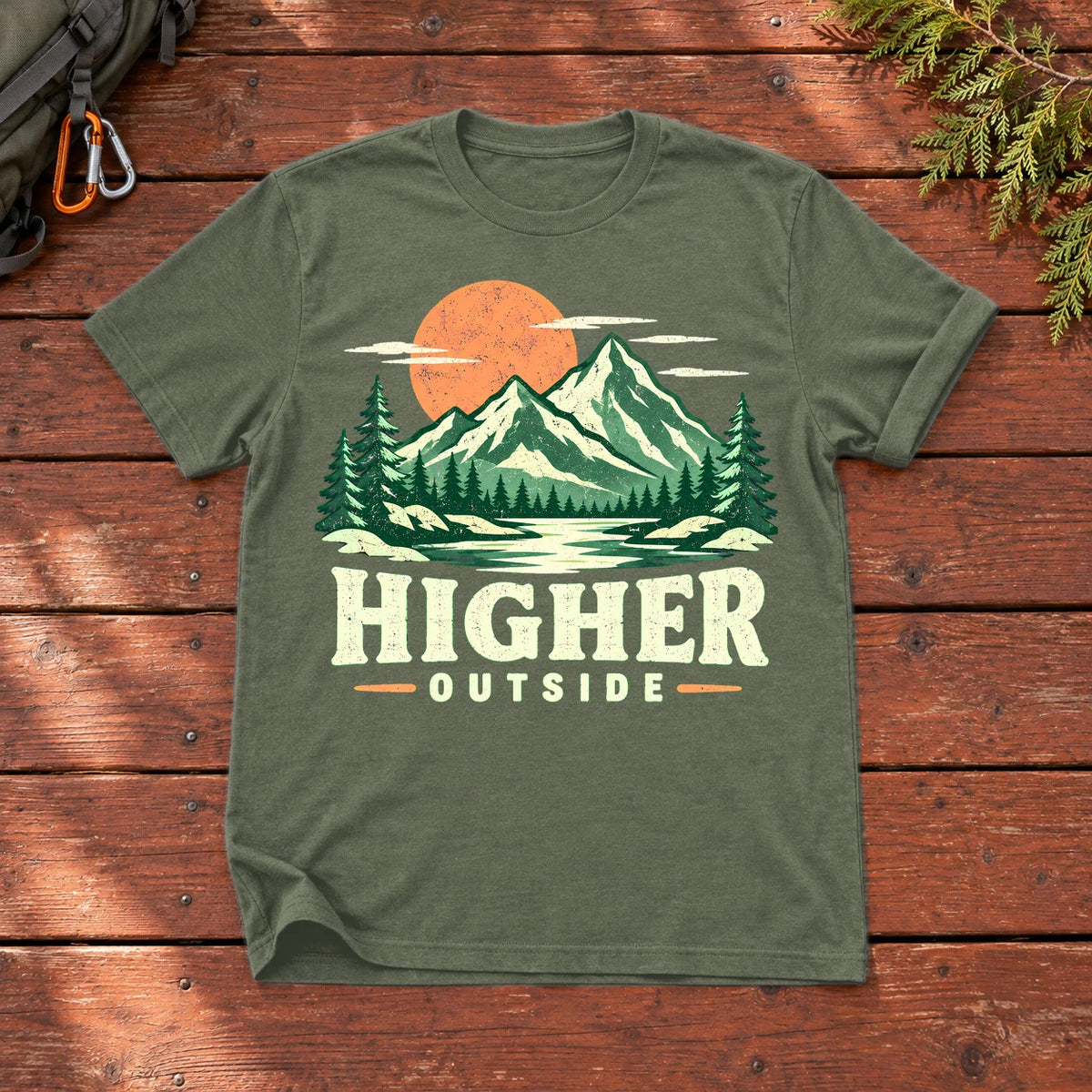 Higher Outside Vintage Mountain Graphic Tee on Military Green Everyday Soft Tee