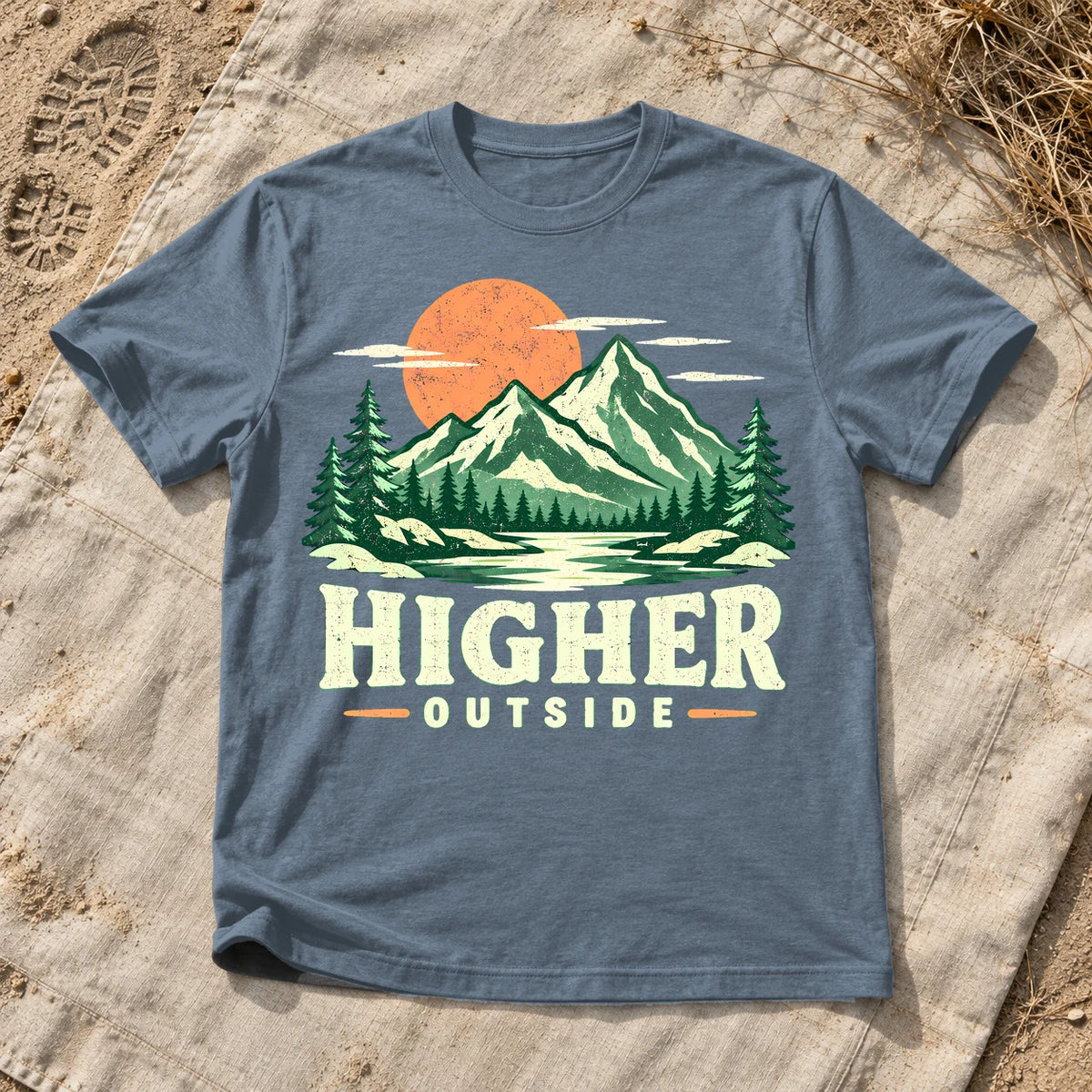 Higher Outside Vintage Mountain Graphic Tee on Heather Indigo Everyday Soft Tee
