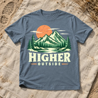Higher Outside Vintage Mountain Graphic Tee on Heather Indigo Everyday Soft Tee