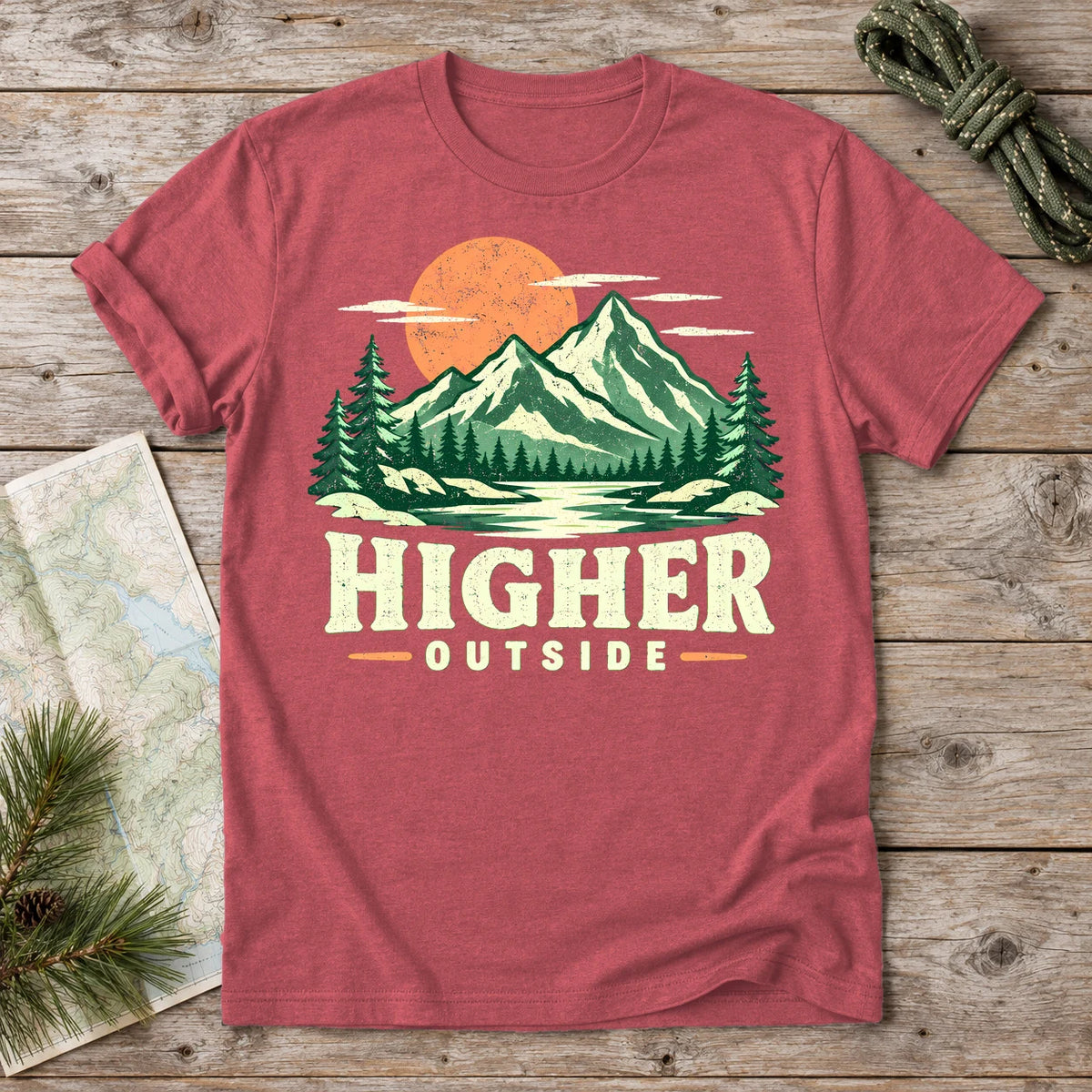 Higher Outside Vintage Mountain Graphic Tee on Heather Red Everyday Soft Tee