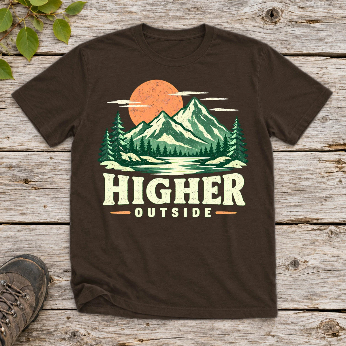 Higher Outside Vintage Mountain Graphic Tee on Dark Chocolate Everyday Soft Tee