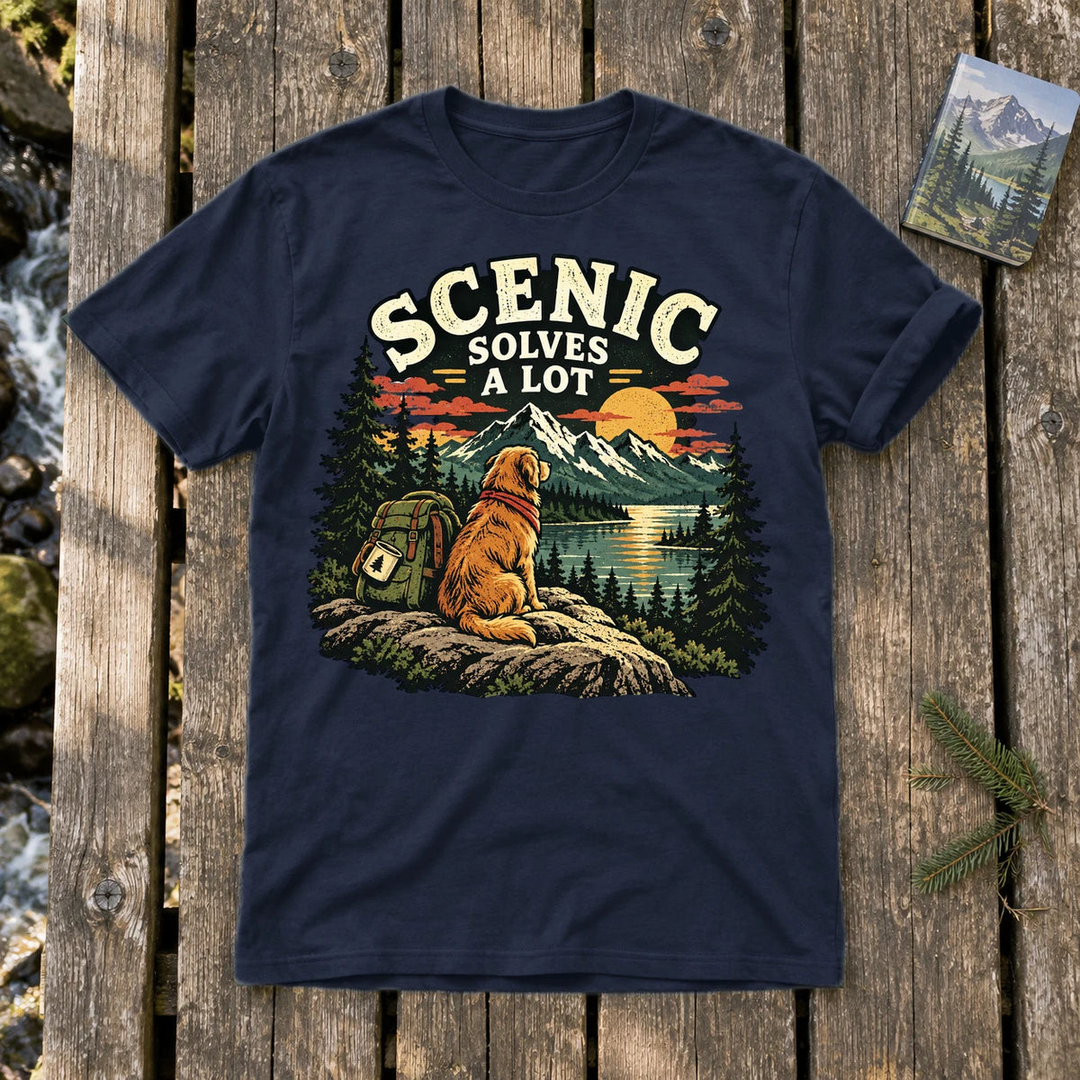 Scenic Solves A Lot Hiking Dog Graphic Tee on Navy Everyday Soft Tee