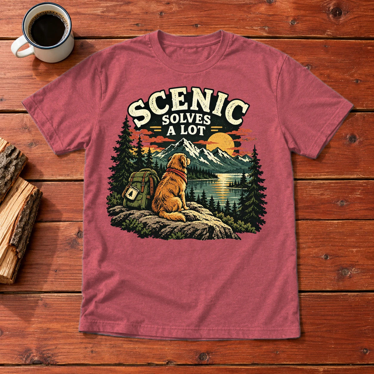 Scenic Solves A Lot Hiking Dog Graphic Tee on Heather Red Everyday Soft Tee