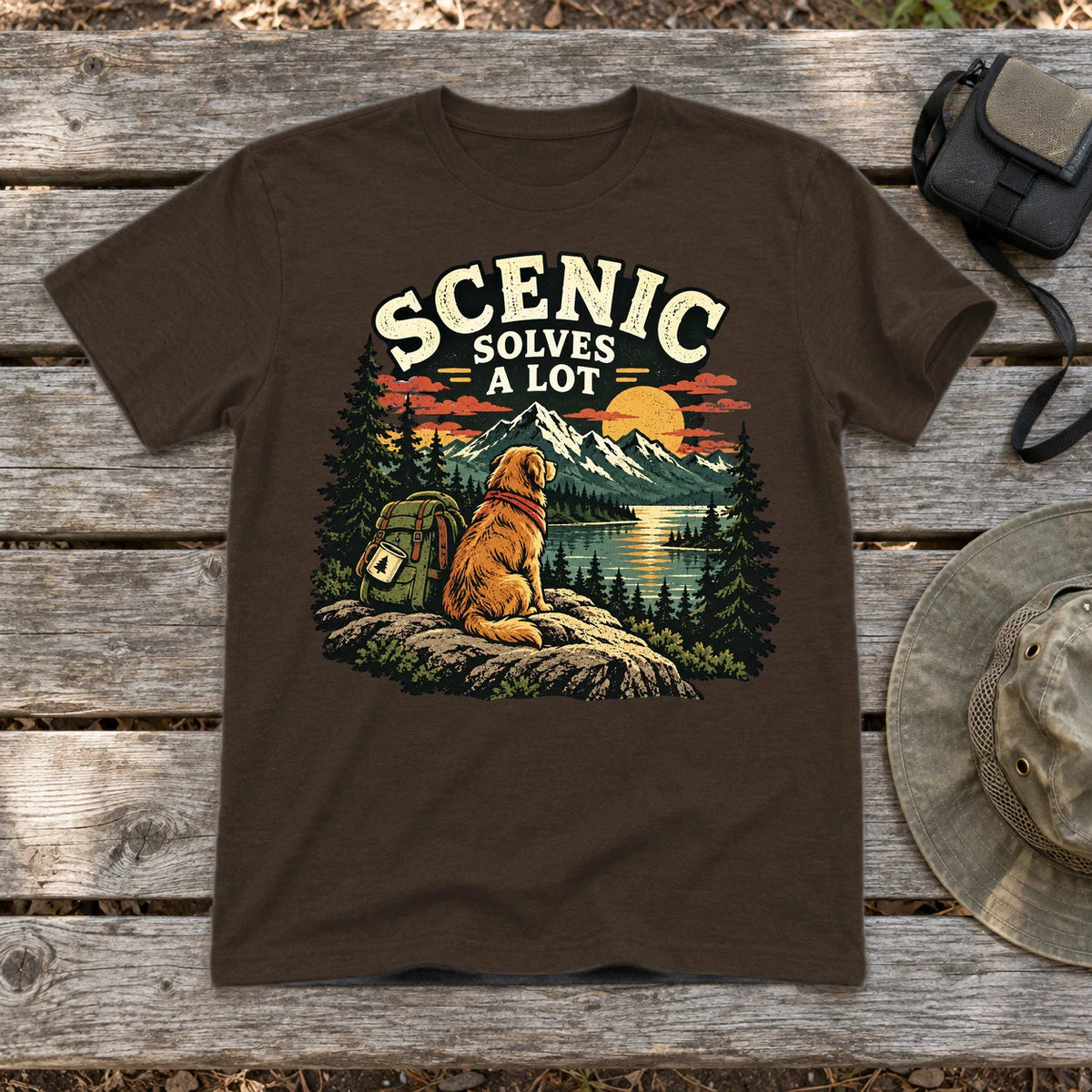 Scenic Solves A Lot Hiking Dog Graphic Tee on Dark Chocolate Everyday Soft Tee