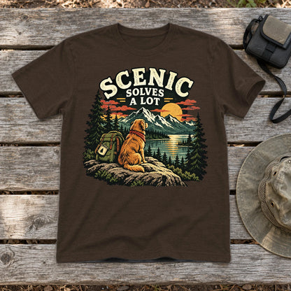 Scenic Solves A Lot Hiking Dog Graphic Tee on Dark Chocolate Everyday Soft Tee