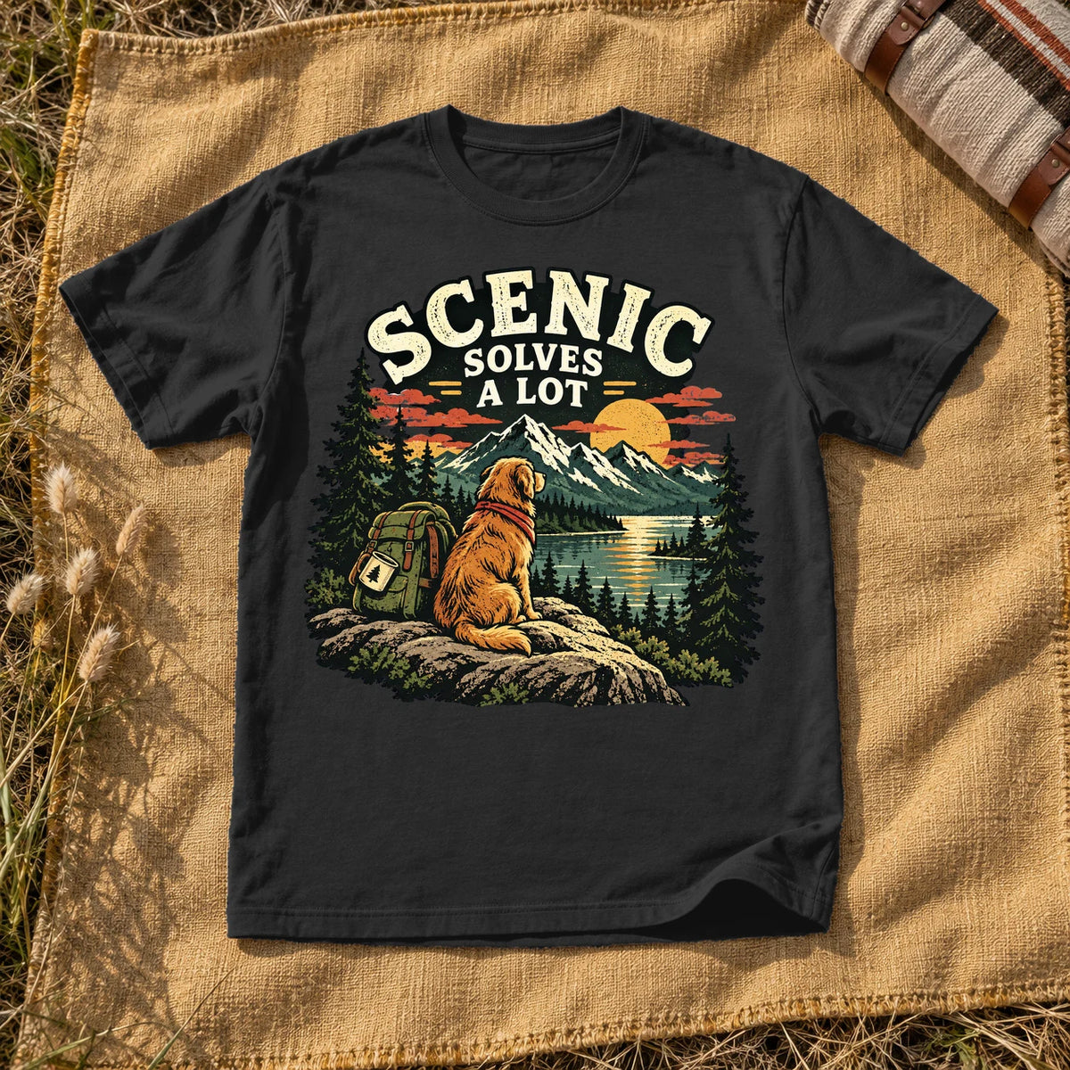 Scenic Solves A Lot Hiking Dog Graphic Tee on Black Premium Tee