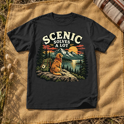 Scenic Solves A Lot Hiking Dog Graphic Tee on Black Premium Tee