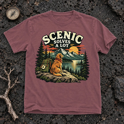 Scenic Solves A Lot Hiking Dog Graphic Tee on Brick Premium Tee