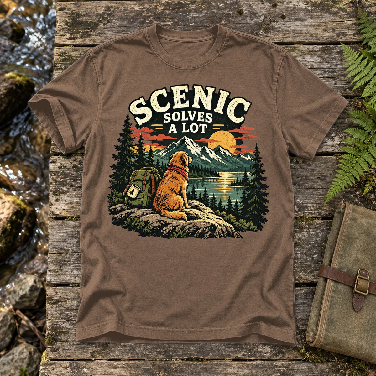 Scenic Solves A Lot Hiking Dog Graphic Tee on Espresso Premium Tee