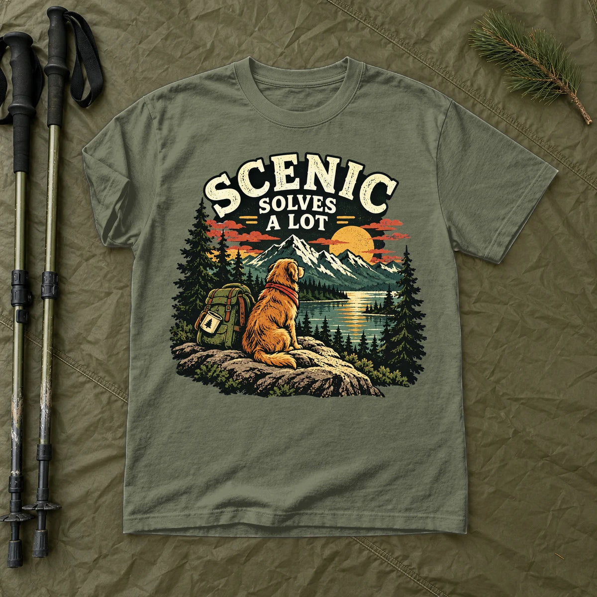 Scenic Solves A Lot Hiking Dog Graphic Tee on Moss Premium Tee