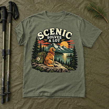 Scenic Solves A Lot Hiking Dog Graphic Tee on Moss Premium Tee