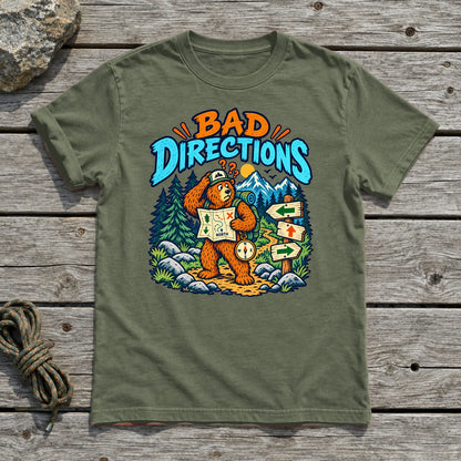 Bad Directions Bear Graphic Tee on Military Green Everyday Soft Tee