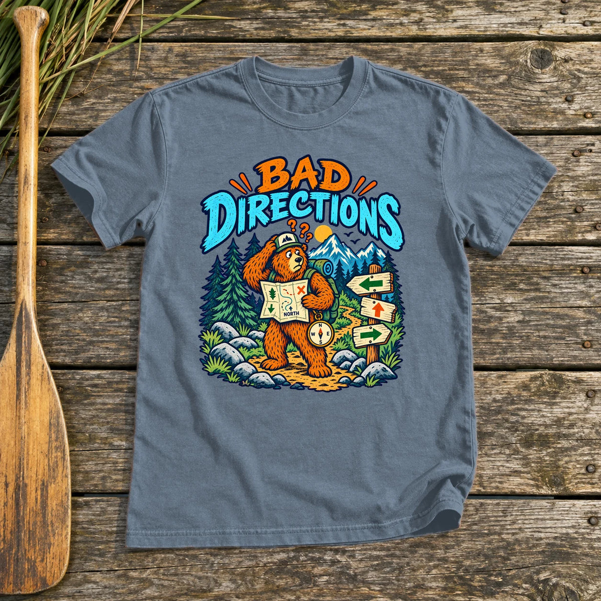 Bad Directions Bear Graphic Tee on Heather Indigo Everyday Soft Tee