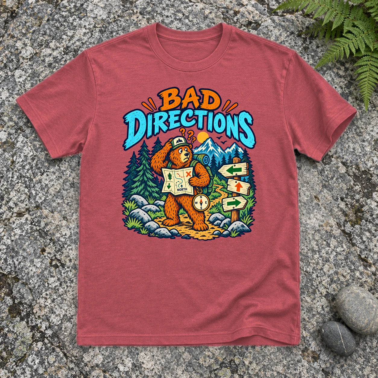 Bad Directions Bear Graphic Tee on Heather Red Everyday Soft Tee