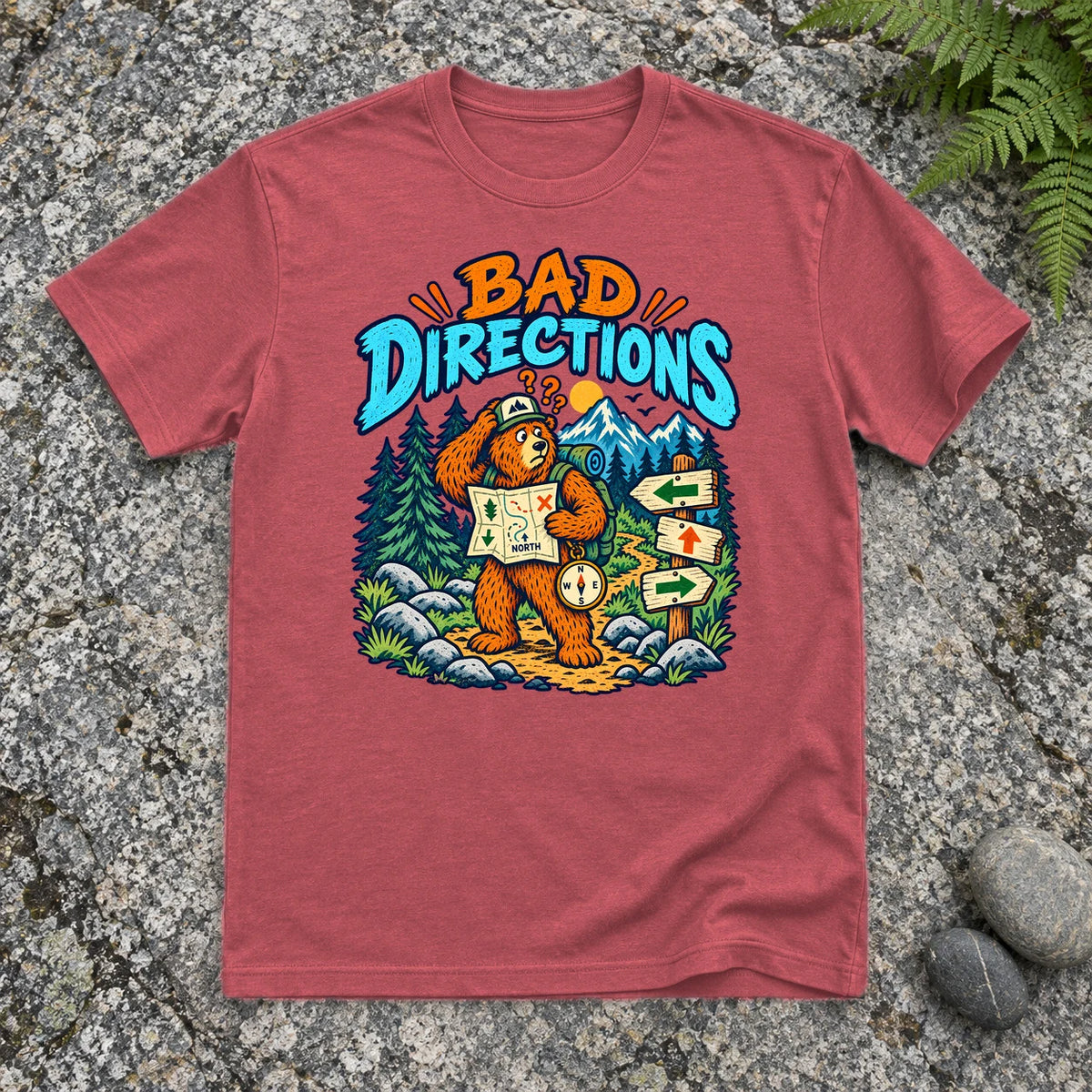 Bad Directions Bear Graphic Tee on Heather Red Everyday Soft Tee